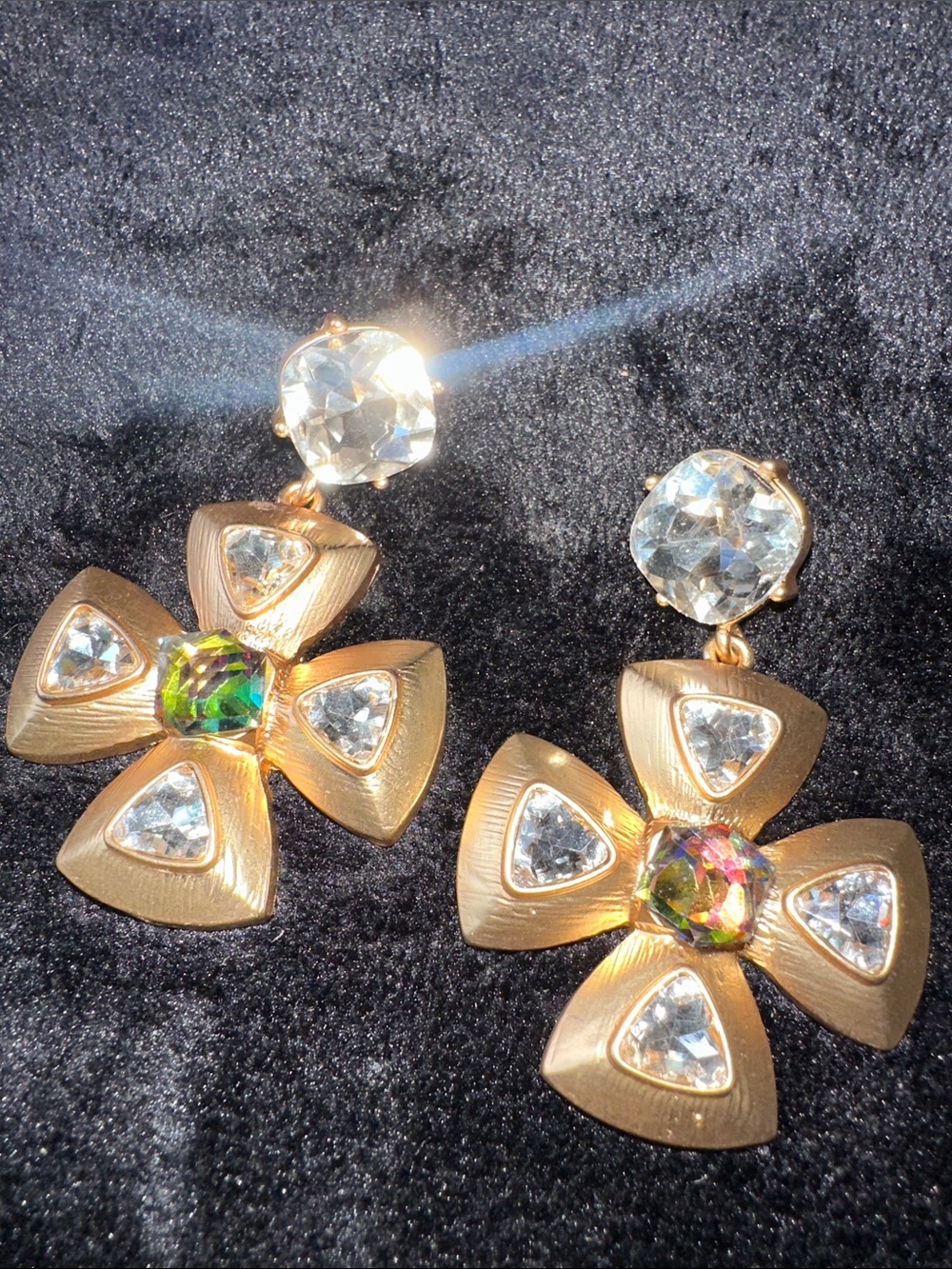 YSL - Vintage-Style Gold Cross Earrings with Clear Rhinestones & Color Shift Gem
